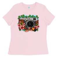 Bubblegum Pink floral lotus leaf film roll vintage camera Ladies Tee - FaDigitalArtStudio