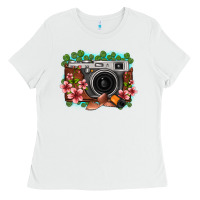 White floral lotus leaf film roll vintage camera Ladies Tee - FaDigitalArtStudio