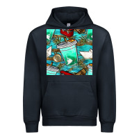 Navy fish coffee cups and reeds with paper boat and leopard lake seamless p Urban Hoodie - BundleAndBundleShop