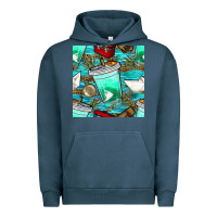 Pigment Midnight Navy fish coffee cups and reeds with paper boat and leopard lake seamless p Urban Hoodie - BundleAndBundleShop