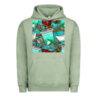 Pigment Oil Green fish coffee cups and reeds with paper boat and leopard lake seamless p Urban Hoodie - BundleAndBundleShop