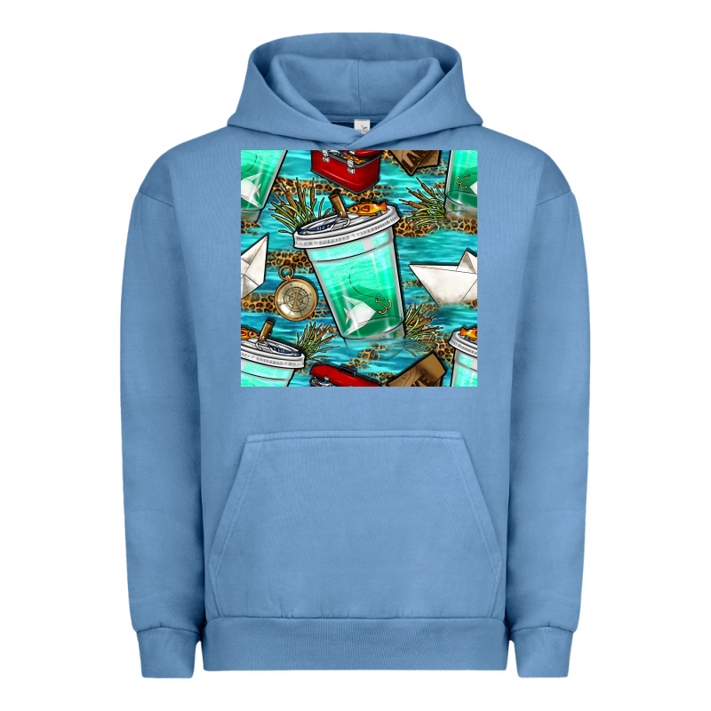 Fish Coffee Cups And Reeds With Paper Boat And Leopard Lake Seamless P Urban Hoodie by BundleAndBundleShop | Teevron