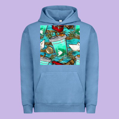 Fish Coffee Cups And Reeds With Paper Boat And Leopard Lake Seamless P Urban Hoodie Designed By Bundleandbundleshop
