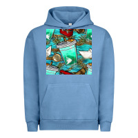 Pigment Pebble Blue fish coffee cups and reeds with paper boat and leopard lake seamless p Urban Hoodie - BundleAndBundleShop