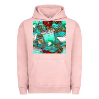 Pigment Salmon fish coffee cups and reeds with paper boat and leopard lake seamless p Urban Hoodie - BundleAndBundleShop