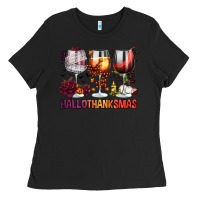 Black hallothanksmas halloween thanksgiving  christmas wine Ladies Tee - FaDigitalArtStudio
