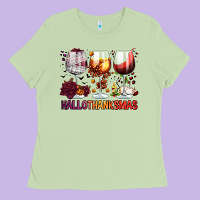 Hallothanksmas Halloween Thanksgiving  Christmas Wine Ladies Tee Designed By Fadigitalartstudio