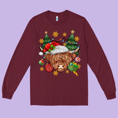 Christmas Highland Cow Long Sleeve Tee Designed By Maliassmallbusiness
