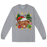 Heather Grey Christmas highland cow Long Sleeve Tee - MaliasSmallBusiness