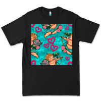 Black valentines day cupid and neon heart seamless pattern Premium Tee - BundleAndBundleShop