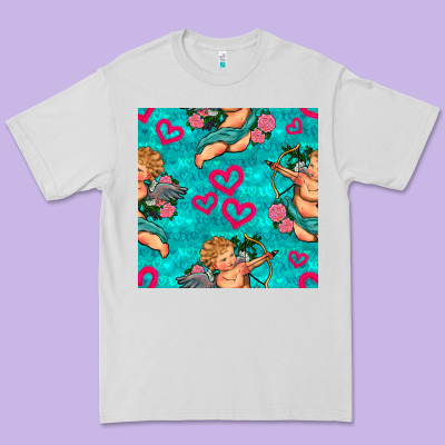 Valentines Day Cupid And Neon Heart Seamless Pattern Premium Tee Designed By Bundleandbundleshop