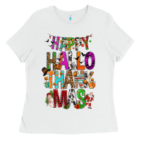 White happy hallothankmas Ladies Tee - FaDigitalArtStudio