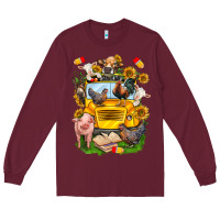 Burgundy farm animals with school bus Long Sleeve Tee - NancyCooperArtShop