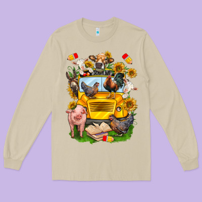 Farm Animals With School Bus Long Sleeve Tee Designed By Nancycooperartshop