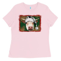 Bubblegum Pink Merry Christmas Hereford Cow With Background Ladies Tee - RanaPortraitStore