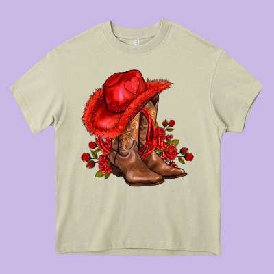Valentines Day Cowboy Boots Red  And Roses Heavy Core Tee Designed By Adodesignshop