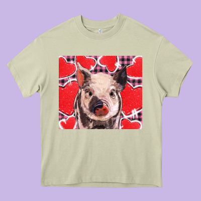 Valentine's Day Glitter Hearts Pig Heavy Core Tee Designed By Barkaloodesign