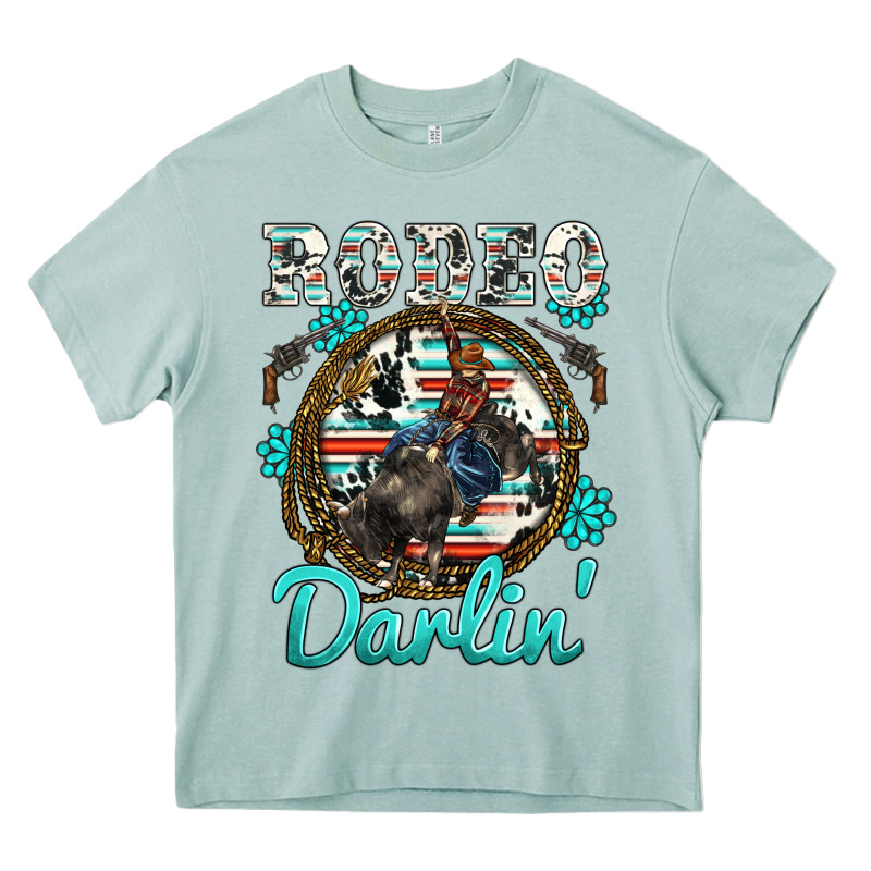 Western Rodeo Darlin' Bullfighter Serape Cowhide Turquoise Gemstones Heavy Core Tee by BarkalooDesign | Teevron