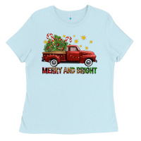 Baby Blue Merry And Bright Christmas Trees Truck Ladies Tee - FaDigitalArtStudio