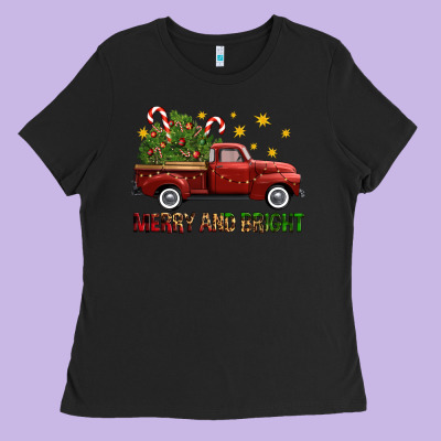 Merry And Bright Christmas Trees Truck Ladies Tee Designed By Fadigitalartstudio
