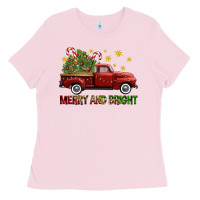 Bubblegum Pink Merry And Bright Christmas Trees Truck Ladies Tee - FaDigitalArtStudio