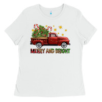 White Merry And Bright Christmas Trees Truck Ladies Tee - FaDigitalArtStudio