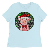 Baby Blue Sitting Pig Christmas Ladies Tee - RanaPortraitStore