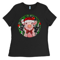 Black Sitting Pig Christmas Ladies Tee - RanaPortraitStore
