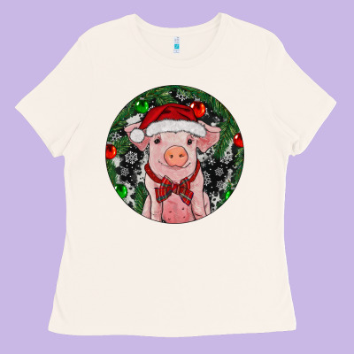 Sitting Pig Christmas Ladies Tee Designed By Ranaportraitstore
