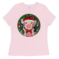 Bubblegum Pink Sitting Pig Christmas Ladies Tee - RanaPortraitStore
