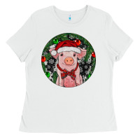 White Sitting Pig Christmas Ladies Tee - RanaPortraitStore