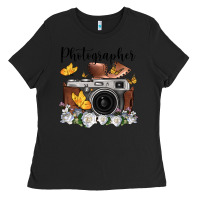 Black photographer floral butterfly film roll vintage camera Ladies Tee - FaDigitalArtStudio