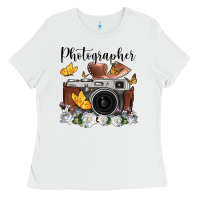 White photographer floral butterfly film roll vintage camera Ladies Tee - FaDigitalArtStudio