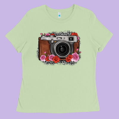 Rose Grey Leopard Vintage Camera Ladies Tee Designed By Fadigitalartstudio
