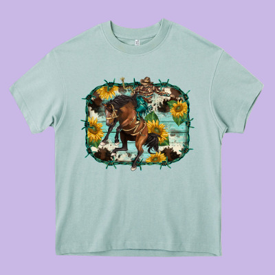 Western Rodeo Horse Cowhide Sunflowers Heavy Core Tee Designed By Barkaloodesign