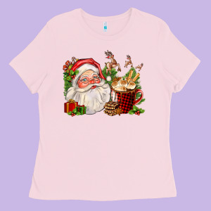 Santa And Hot Cocoa Cup Ladies Tee Designed By Fadigitalartstudio