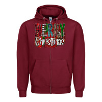 Burgundy Merry Christmas Buffalo Plaid Leopard Zipper Hoodie - Bettercallsaul