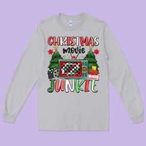 Christmas Movie Junkie Long Sleeve Tee Designed By Maliassmallbusiness