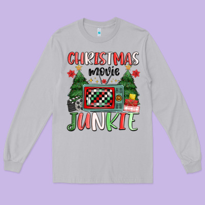 Christmas Movie Junkie Long Sleeve Tee Designed By Maliassmallbusiness