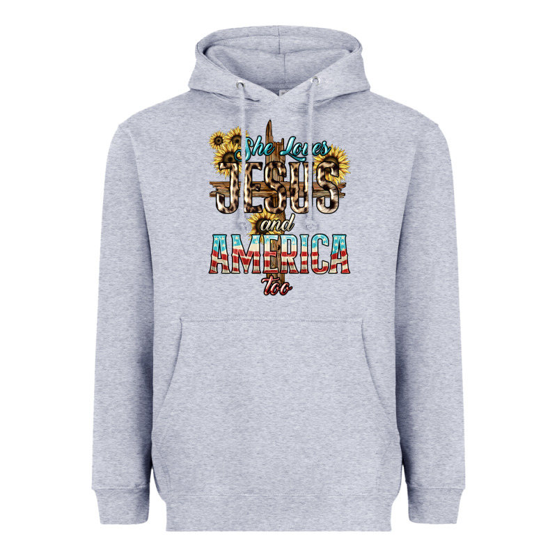 She Loves Jesus And America Too Sunflower Heavyweight Hoodie by HowdyJamesFarm | Teevron