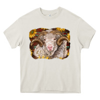 Cream merino ram with sunflowers Heavy Core Tee - BarkalooDesign