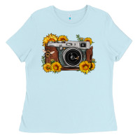 Baby Blue sunflower bee vintage camera Ladies Tee - FaDigitalArtStudio