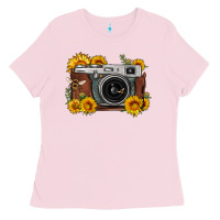 Bubblegum Pink sunflower bee vintage camera Ladies Tee - FaDigitalArtStudio
