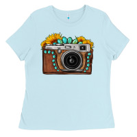 Baby Blue Sunflower Gemstone Vintage Camera Ladies Tee - FaDigitalArtStudio