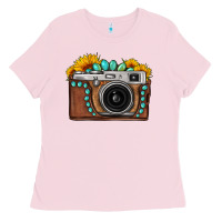 Bubblegum Pink Sunflower Gemstone Vintage Camera Ladies Tee - FaDigitalArtStudio