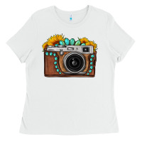 White Sunflower Gemstone Vintage Camera Ladies Tee - FaDigitalArtStudio