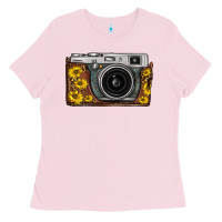 Bubblegum Pink sunflower leopard vintage camera Ladies Tee - FaDigitalArtStudio