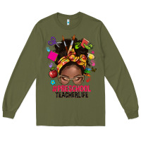 Army Green preschool teacher life afro messy bun Long Sleeve Tee - NancyCooperArtShop