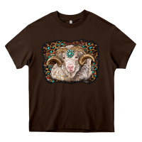 Chocolate Brown merino ram with leopard background Heavy Core Tee - BarkalooDesign