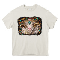 Cream merino ram with leopard background Heavy Core Tee - BarkalooDesign